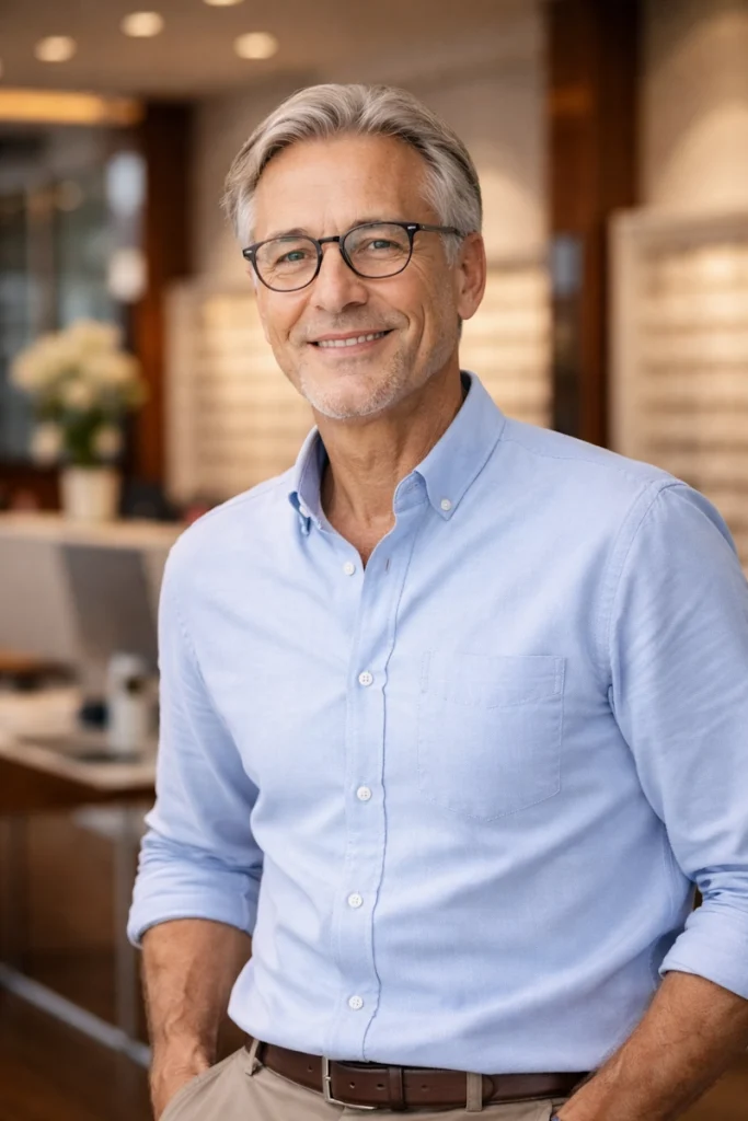 Gleitsicht-Kunde am Tresen von Optiko