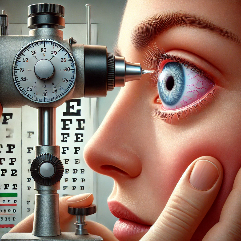 illustrierte Darstellung der Durchführung einer kontaktlosen Augendruck-Messung (Tonometrie) beim Optiker 